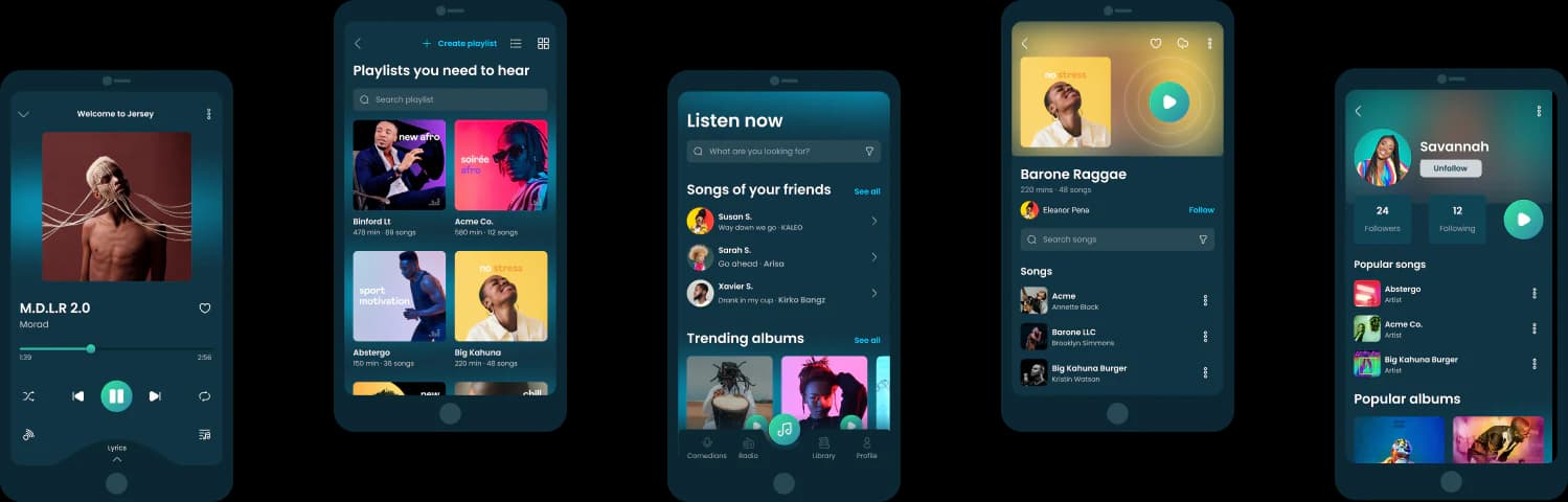 Kwot app screens: player, playlists, listen now, album and artist pages