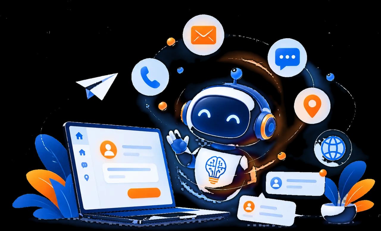 A friendly Skyllect AI assistant beside a laptop, surrounded by contact channels