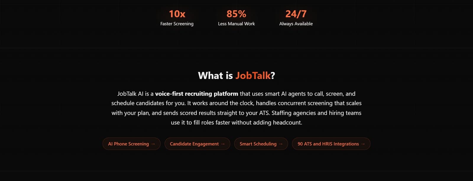 JobTalk AI overview: 10x faster screening, 85% less manual work, available 24/7