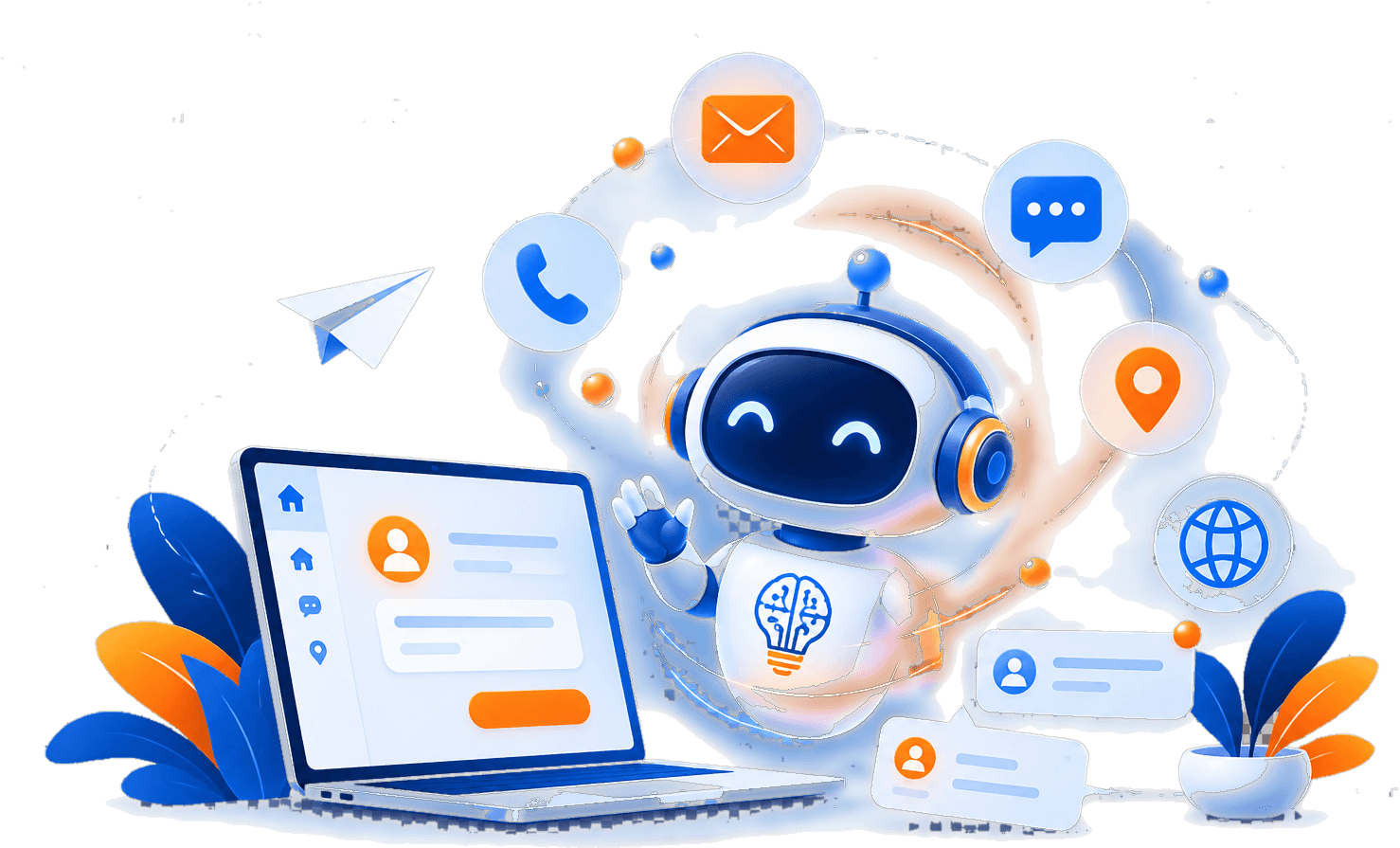 A friendly Skyllect AI assistant beside a laptop, surrounded by contact channels