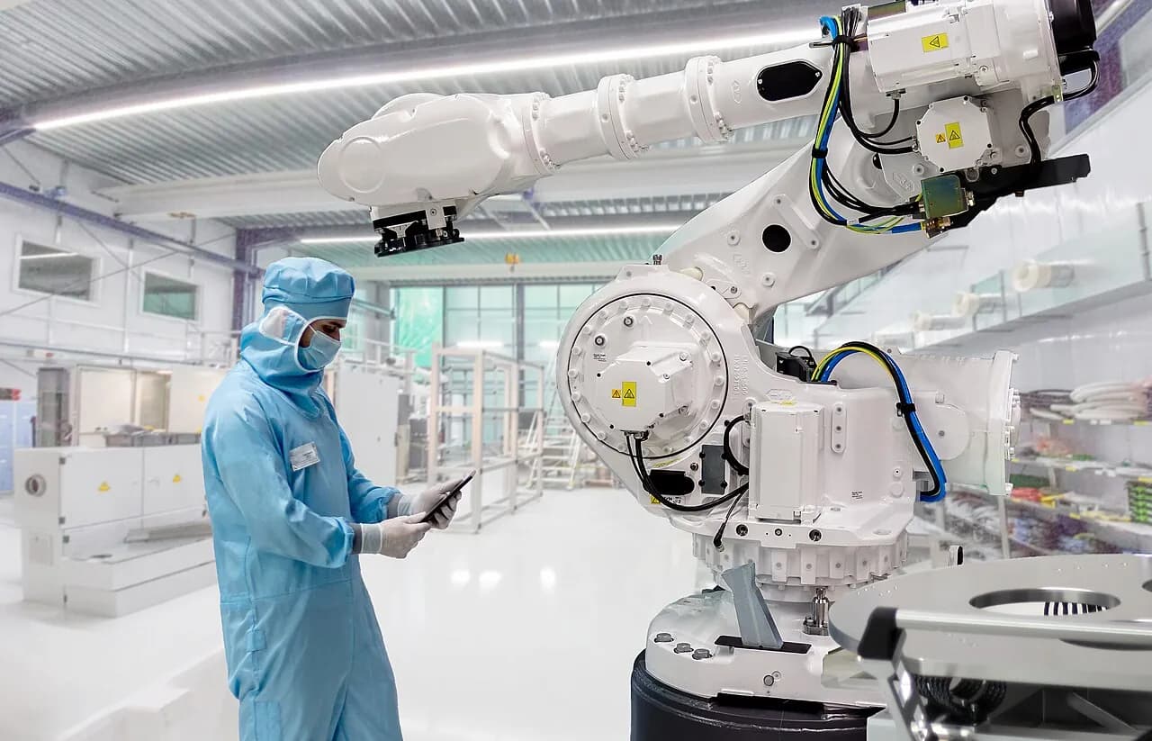 Engineer with a tablet beside an industrial robot arm on a factory floor